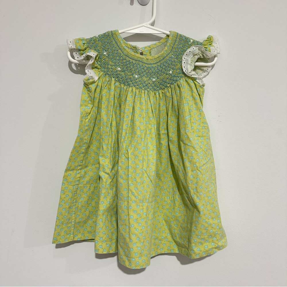 Handmade Smocked Baby Dress Size 18M Green Floral Vintage-Inspired Lace Detail